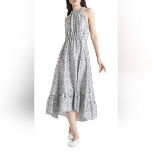 Blue and White Floral High Neck Midi Dress, Size XL